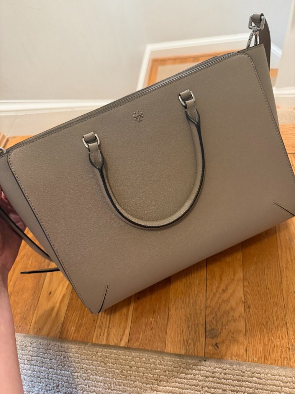 Tory Burch Taupe Structured Satchel with Removable Shoulder Strap